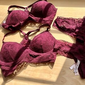NWT Victoria's Secret Lace Burgundy Bralettes and Matching Panties